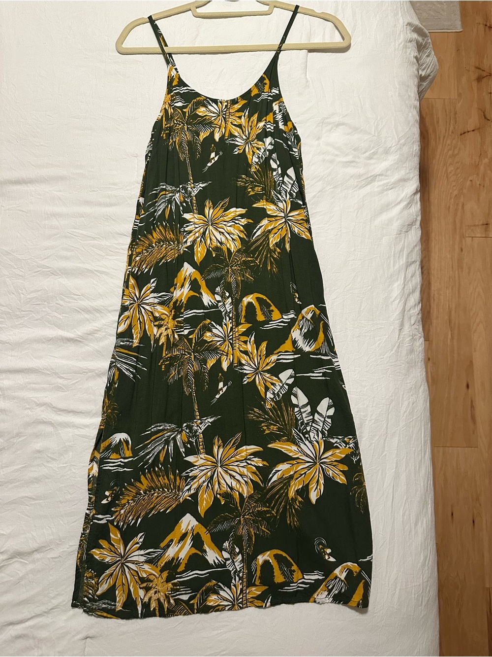 H&M Dark Green mini Slip Dress with Yellow & White Tropical Print